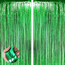 Aisszhao 2pcs 3.2ft x 6.5ft Green Foil Curtain Decoration,Green Tinsel Foil Fringe Curtains Streamer Backdrop for Birthday Graduation Wedding Engagement Bridal Shower Christmas,New Year Decoration