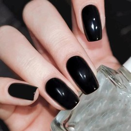 Black Press on Nails Short Square Fake Nails Solid Color Glue on Nails Hot Girls Style Stike on Nails Full Cover Nails Includes 24 Fake Nails 24 Jelly 1 Prep Pad 1 Manicure Stick 1 Mini File