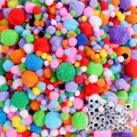 Caydo 1400 Pieces 5 Sizes Multicolor Pom Poms Assorted Pompoms with 4 Sizes Wiggle Eyes for DIY Crafts Projects Valentine's Day Decorations
