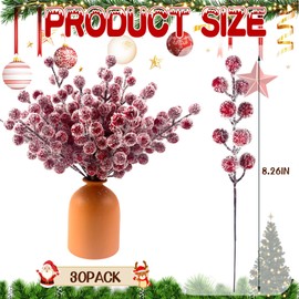 30 Pieces Snow Artificial Holly Berry Stems, Snowy Christmas Berry Picks Sprays Snowy Fake Red Berries Twig Branches for Christmas Tree Decorations DIY Crafts Decor Table Centerpieces
