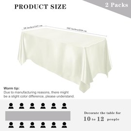MCEAST - Juego de 2 manteles rectangulares de satén brillante, 259 x 147 cm, marfil, para 10-12 personas, decoración de mesa para bodas y banquetes