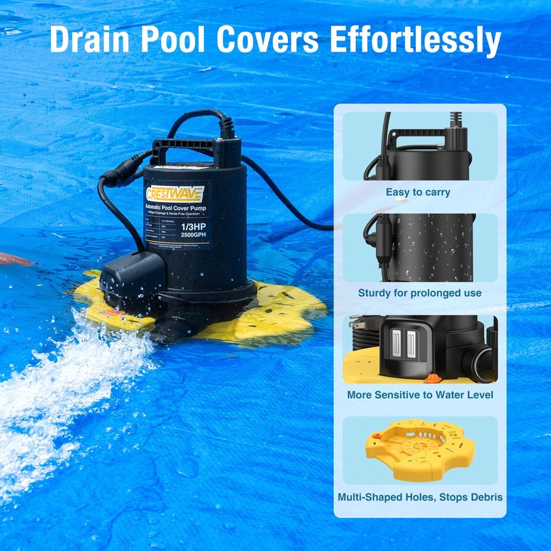CrestWave 1/3 HP Automatic Pool Cover Pump, 2500GPH Submersible Water