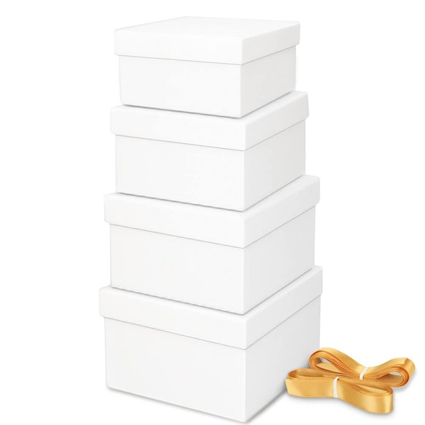 Bengnkes White Gift Box Small Gift Boxes with Lids for Presents 4 Packs Square Luxury Nesting Gift Boxes with 17ft Ribbon for Birthday Bridesmaid Wedding Christmas Proposal