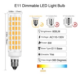Aooallme E11 LED Bulb 8W 800LM 100W Equivalent, JDE11 Mini Candelabra LED Bulb Dimmable,Warm White 3000K, JDE11 120V 100W LED for Ceiling Fan Pendant Lighting Pack of 2 (Warm White)