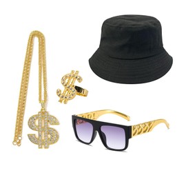 AYNKH Hip Hop Costume, 80s/90s Hip Hop Fancy Accessories, Fake Dollar Logo Necklace, Fake Dollar Logo Ring, Black Bucket Hat, Hip Hop Sunglasses, Hip Hop Party