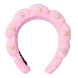 Spa Headband for Women, Sponge Terry Cloth Head Band for Women,Padded Hair Band Cute Headwear Gifts Suitable for Face Wash (Pink With Pearls, 1 Pack)