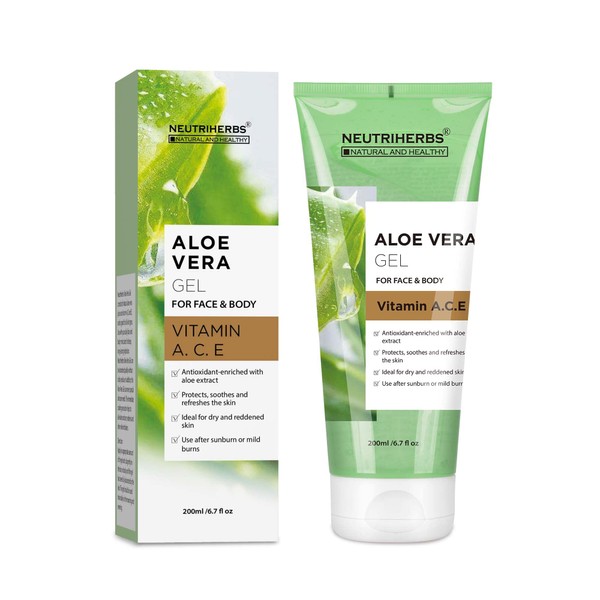 Neutriherbs Aloe Vera Gel Pure Aloe Vera Juice with Vitamin A, C, E for Sunburns Acne Dry Skin and Itch Soothing and Moisturing 6.7 Fl Oz