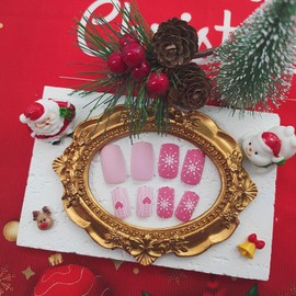 Christmas Press on Nails Medium Square Fake Nails with Heart Snowflake Designs Pink Nails Press ons Matte Glue on Nails Cute Acrylic Nails Winter Artificial Stick on Nails for Women 24Pcs