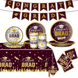Graduation Party Decorations Class of 2025, Disposable Grad Tableware Kit, Serves 24 with Maroon Graduation Dinner Plates, Napkins, Tablecloth, Cups, Banner for Grad Party Favors Supplies