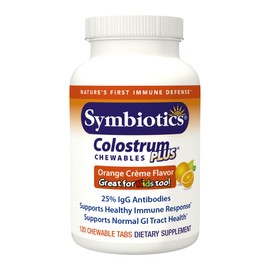 Symbiotics Colostrum 120ct Chewables Plus - Immunity Support for Adult & Kids - Lactoferrin Supplement & Colostrum Protein - Supports Digestion & Gut - 25% lgG Antibodies, Gluten Free - Orange Creme