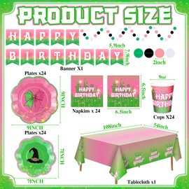Zhehao 125 Pcs Witch Party Happy Birthday Decorations Pink and Green Tableware Set Includes Disposable Paper Birthday Plates and Napkins Cups Tablecloth and Banner for Girls Serves 24