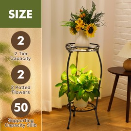 Dunkive Plant Stand indoor Outdoor 2 Tier 27" with Grow Light, Tall Metal Potted Holder Rack Flower Stand Rustproof Iron Heavy Duty Round Plant Shelf for Planter Corner Home Garden Balcony Patio