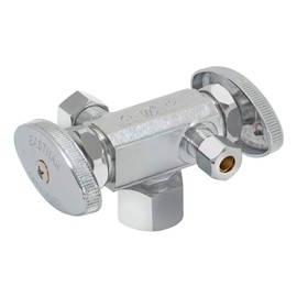 Eastman 3/8 inch OD Compression x 1/4 inch OD Compression x 1/2 inch FIP Multi-Turn Dual Handle Three Way Stop Valve, Brass Plumbing Fitting, Chrome, 04423LF