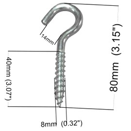 Screw in Hooks Large Heavy Duty Cup Hooks Screw in Hooks Plain Ceiling Cup for Hanging Lights Eye Big Size: 8mm x 80mm (0.32" x 3.15") M8 Pack of 2pcs