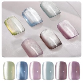 TAYE Glass Cat Eye Gel Nail Polish Set with Cat Eye Magnet, 6 Colors Silver Blue Green Pink Nude Purple, High Density Magnetic Particle, for Newbie Friendly Spring Gel Polish, Home Salon Nail Art