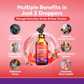 Magnesium Glycinate Liquid Drops 1500mg with Magnesium Citrate & Taurate, L-Theaine, Vitamin D3, B6, Supports Calm, Sleep, Muscle Relaxation, Leg Cramps & Energy, Strawberry Flavor, 60 mL