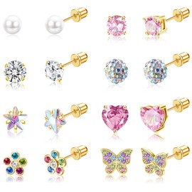 JeryWe 8 Paar Ohrstecker Set für Mädchen Kinder Chirurgenstahl Hypoallergen Ohrringe Niedlich Schmetterling Blume Herz Perle Ohrringe mit Zirkonia Mehrfarbig Schraubverschluss Ohrringe gold