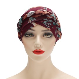 ZLYC Chemo Headwear Pre Tied Turban Headwrap Lightweight Beanie Hat for Women, Braid Floral Burgundy