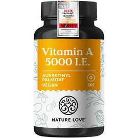 NATURE LOVE Vegan Vitamin A - 365 Tablets with 5,000 IU - for Vision, Skin & Immune System - High Dose, No Unnecessary Additives - Produced and Laboratory Tested in Germany