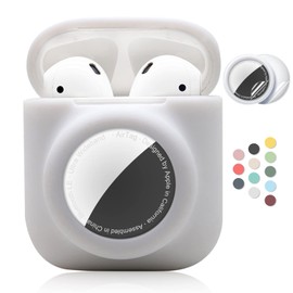 Funda protectora de silicona 2 en 1 compatible con AirPod 1 y 2 y AirTag, funda protectora suave y completa con 2 protectores de pantalla de TPU, antiarañazos, antipérdidas (blanco)