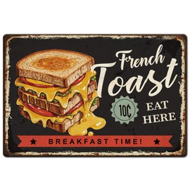 Hobbspring 1 Piece Vintage Metal Tin Sign 20 x 30 cm Retro Iron French Toast Restaurant Sign Rust Look Breakfast Time Toast Poster for Kitchen Restaurant Fast Food Shop Wall Decoration