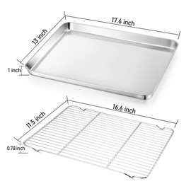 TeamFar Baking Sheet with Rack, 17.6 x 13 x 1 inch Stainless Steel Baking Pan Cookie Sheet Set with Cooling Rack for Baking/ Roasting/ Cooling, Non-Toxic & Heavy Duty, Dishwasher Safe - Set of 4