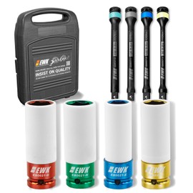 EWK 8 Piece 1/2 inch Drive Torque Limiting Extension Stick Set & Deep Impact Metric Lug Nut Socket set, 110-200 Nm (80-150 Ft-lbs), CR-MO