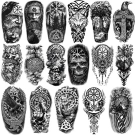 77 Sheets Temporary Tattoos for Adults and Kids - 2 Sizes Fake Tattoo Realistic Viking Norse Eagle Black Tattoo Sleeve Stickers for Men and Women Boys and Girls