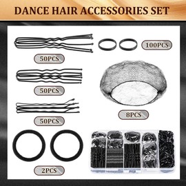 YGQQOY Hair Pins and Hair Net for Buns,Dance Hair Accessories Kit with 100 U-shaped Pins, 50 Bobby Pins, 100 Elastic Rubber Bands, 8 Invisible Hair Nets,2 Hair Ties for Dance Competitions,Black