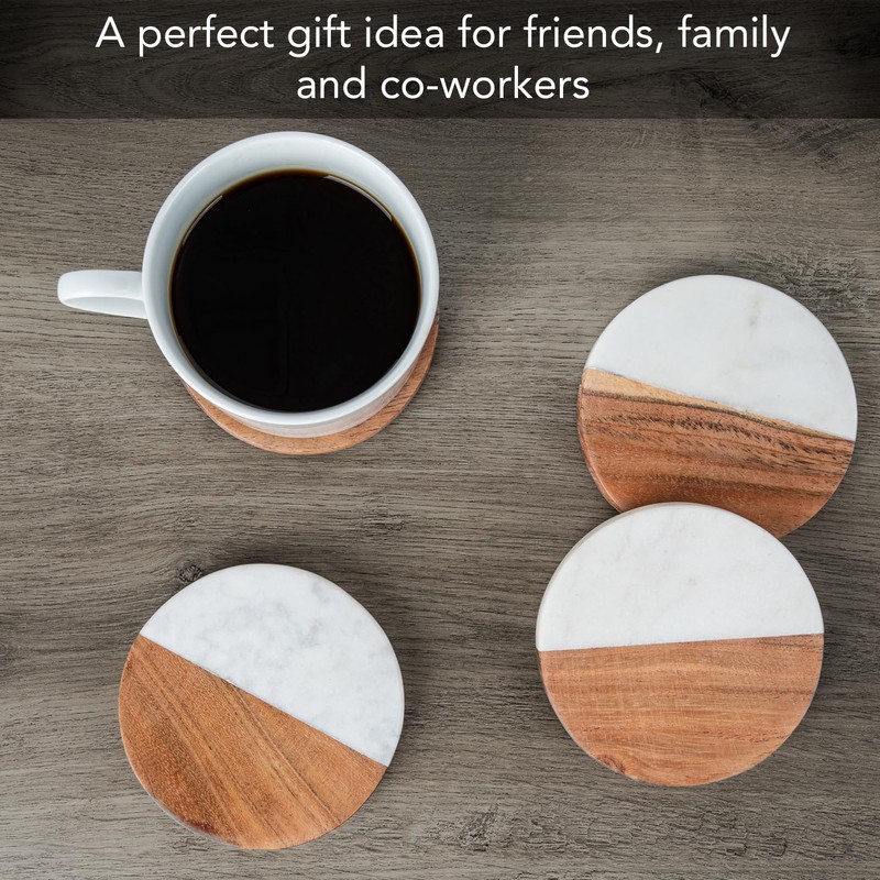 Thirstystone 4 Pack Natural Marble & Acacia Wood Round Coasters