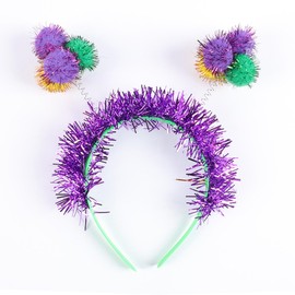 Mardi Gras Headband Carnival Headbands Purple Green Gold Fluffy Ball Hairband Glitter Purple Pom Pom Head Bopper Hair Band for Women Girls Kids Mardi Gras Celebration Parades Festival Hair Accessories