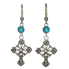 Ornate Christian Cross with Rhinestones & Bead Silver Tone Dangle Earrings (Simulated Turquoise Bead)