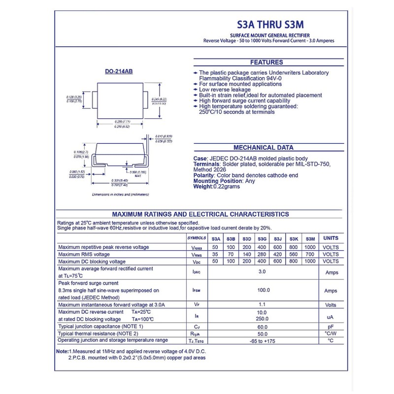 Innfeeltech Pack of 100 S3M Rectifier Diode 1N4007 DO-214AA SMB