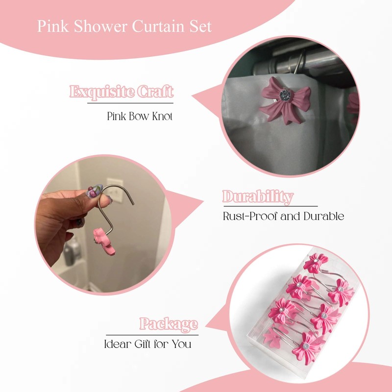 12PCS Decorative Shower Curtain Hooks with Shining Diamond,Rust Resistant Pink