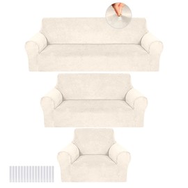 Peryiter 3 Pcs Slipcover Set for Couch Furniture Covers for Sofa Loveseat Couch Arm Chair, Form Fit Stretch, Wrinkle Free, Furniture Protector (Beige,Velvet)