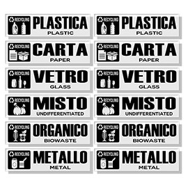 GamesMonkey® - Collecting Stickers Recycling Garbage Waste v5 - TRANSPARENT - Washable Waterproof Illustrated - Italian English - Compliant with UNI 11686 (15x4 cm, 12 pieces)