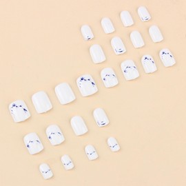 IMSOHOT Press on Nails Short Square Fake Nails White Glossy Acrylic Glue on Nails Full Cover Stick on False Nails with Ink Flower Designs 24Pcs DIY Nail Art