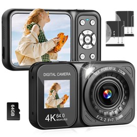 QUOLODOO Digital Camera, 4K 64MP Dual Screens Camera, 18X Zoom, Point and Shoot Digital Camera with 64GB TF Card & 2 Batteries, Portable Rechargeable Small Camera for Kids Teens Adult (Black)