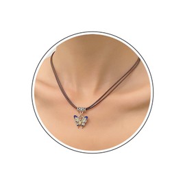 Wendalern Boho Silver Butterfly Choker Necklace Layered Brown Leather Rope Butterfly Chain Necklace Cubic Zirconia Butterfly Pendant Necklace Cute Enamel Butterfly Necklace Jewelry for Women Girls