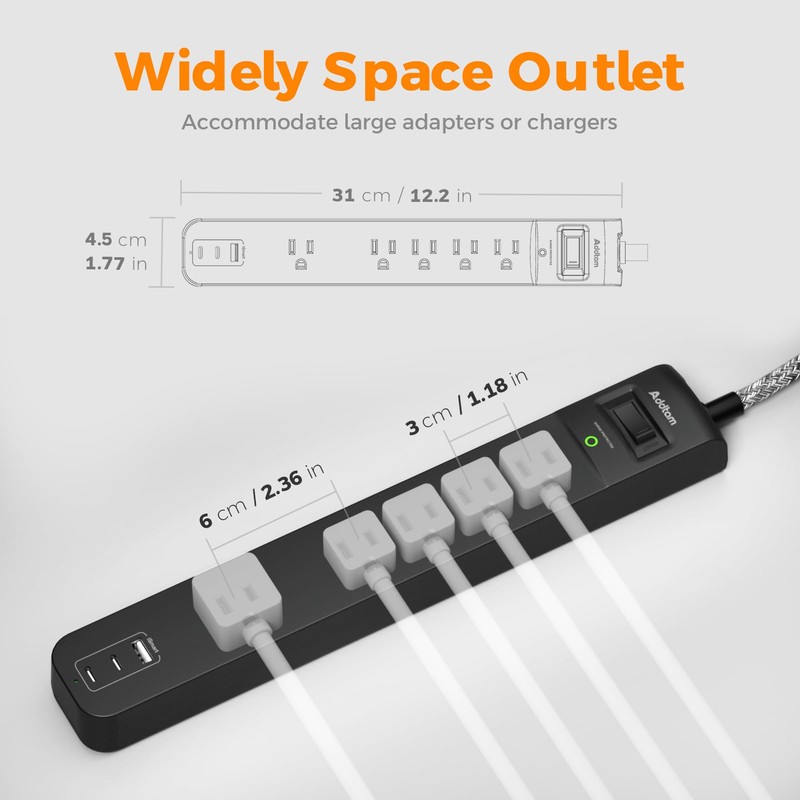 2 Pack Power Strip Surge Protector - 5 Widely Spaced