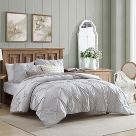 3-Piece Contemporary All Seasons Down Alternative Comforter Set King Size | Printed Stripe Pintuck Design Farmhouse Bedding | Charcoal Grey Color Soft Plush Cozy Warm Aesthetic Luxury Look