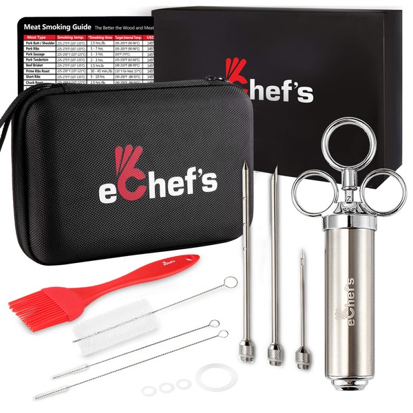 eChef's Meat Injector - 304 Stainless Steel, Meat Injector Syringe with Case, 2-oz Large Meat Injectors for Smoking, 3 Marinade Injector Needles for BBQ Grill, Magnetic Meat Smoking Guide