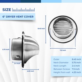 Fits 6" Neck Dryer Duct | Stainless Steel Round Exhaust Air Dryer Vent Cover Hood with Rubber Seal - Rust-Resistant, Weatherproof and Efficient Airflow Exterior Wall Outlet Duct Ventilation Grille