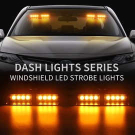 XRIDONSEN Amber 2 in 1 Emergency Dash Strobe Lights Interior Windshield Lights Hazard Warning Safety Flashing w/Suction Cups for Construction Trucks, Vehicles Car (2×7.16 inch, 16 LED)