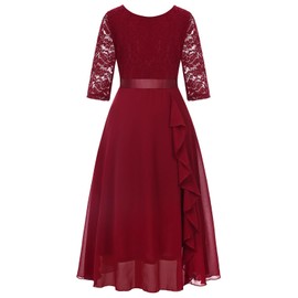 Girls Floral Lace Burdungy Dress Christmas Bridesmaid Vintage Formal Cocktail Party Swallowtail Swing Dresses 7-14 Years(Burdungy,11-12T)