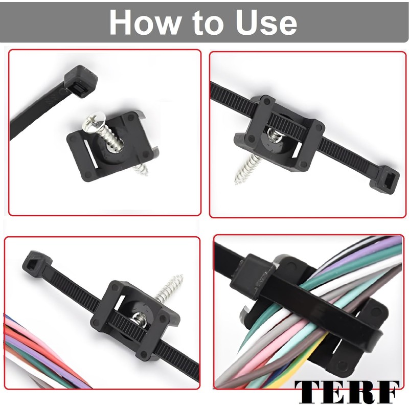TERF® 100 Pcs Black Screw Mount Cable Tie Bases -
