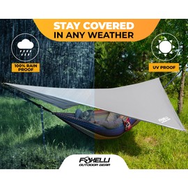Foxelli Hammock Rain Fly - Waterproof Lightweight Tent & Hammock Rain Tarp for Camping, Backpacking w/Easy Setup Including Extra Long Guy Lines & Stakes