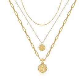 TRWWELL Gold Layered Necklaces 3pcs Dainty Multilayer A Initial Disc Coin Pendant Layering Choker Necklace Long 3 Layered Letter Necklace Set for Women