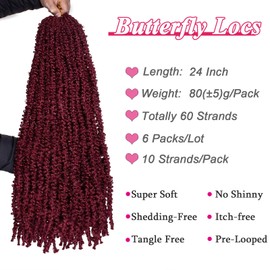 Leeven 24 Inch Butterfly Locs Crochet Hair Burgundy Light Weight Jumbo Crochet Butterfly Locs Hair for Black Women Distressed Locs Crochet Braids Hair Extensions Bug#