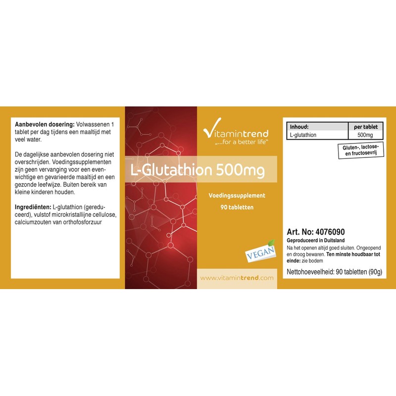 L-Glutathione 500 mg – Reduced – 90 Tablets – Vegan